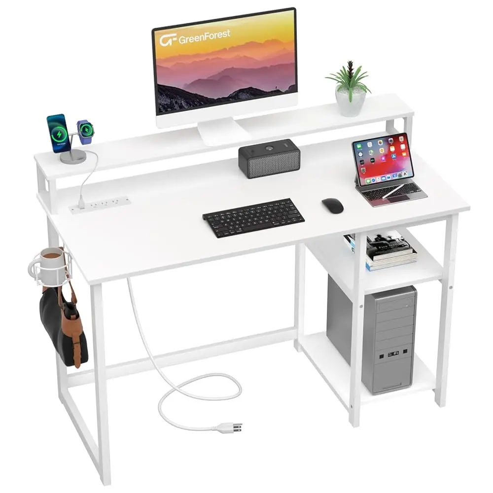 

40 H Computer Desk With Power Outlets, Small Home Office Desk With Ergonomic Monitor Stand, Reversible Gaming Desk, Modern