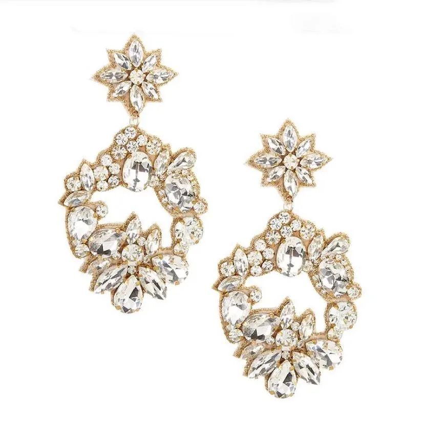 Temperament Rhinestone Flower Earrings Anniversaery Party Elegant Crystal Large Drop Earrings Fashion Exaggerated Women Jewelry