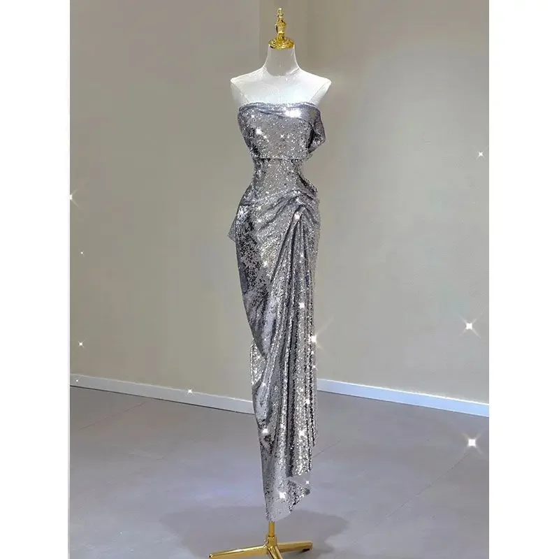 MiiiiX Sequined Silver Elegant Gowns Long Evening Dress Women Summer 2024 New Waist Sexy Tube Top Dress Fishtail Female Clothes