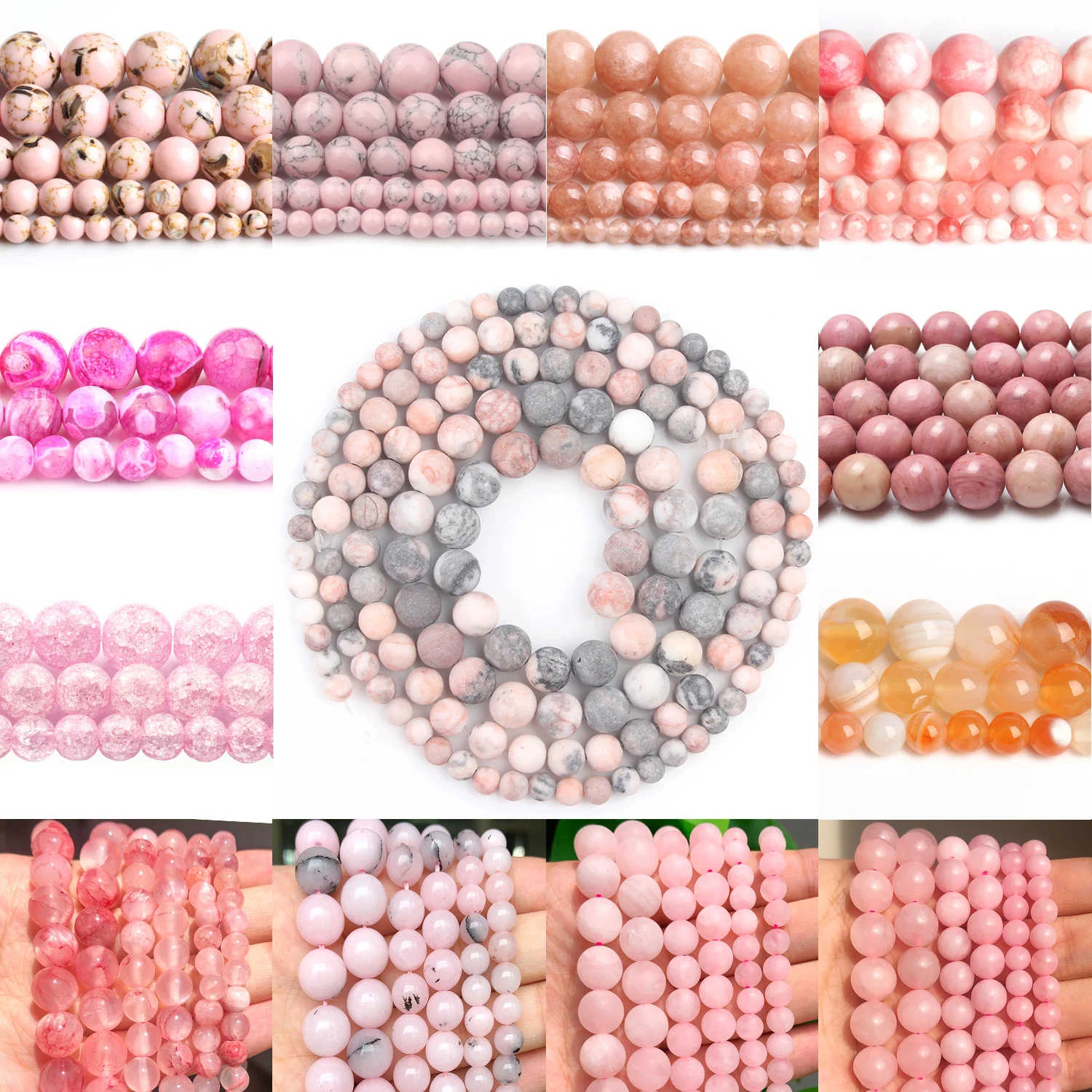 Natural Rose Quartz Pink Crystal Howlite Jade Agate Beads Round Loose Charm Beads for Jewelry Making DIY Women Lover\'s Bracelet