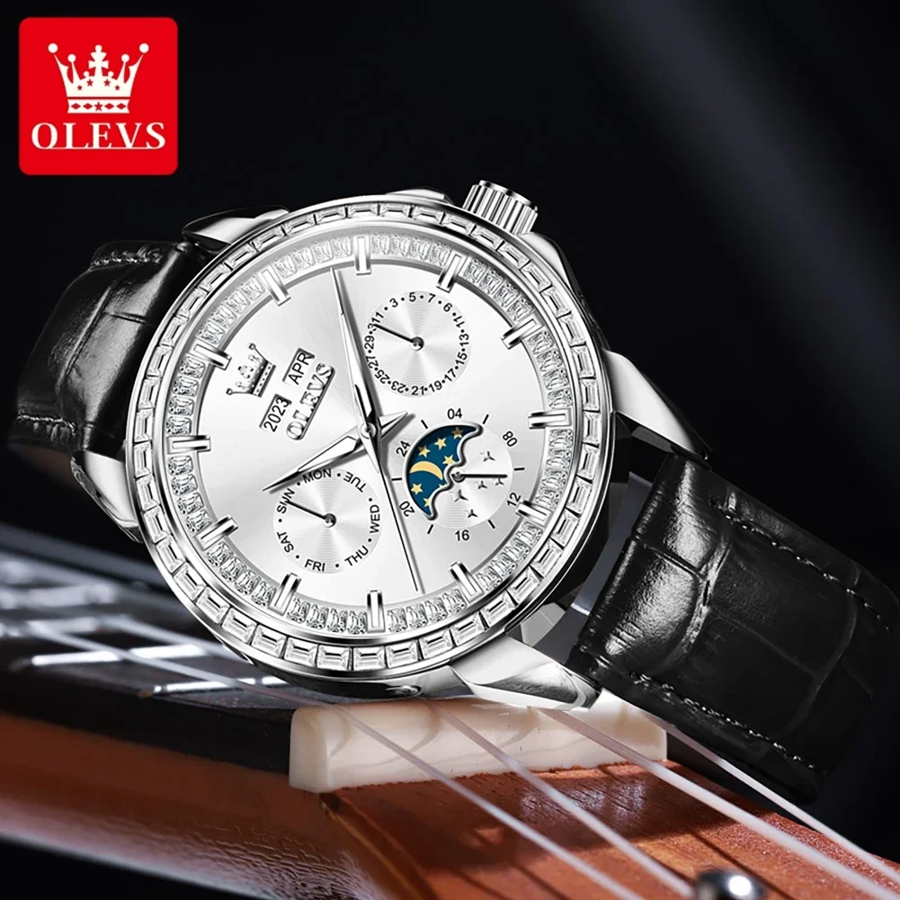 OLevs 6695นาฬิกาผู้ชายแบรนด์หรูกันน้ำได้, นาฬิกากลไกอัตโนมัติอเนกประสงค์นาฬิกาข้อมือสำหรับผู้ชายนาฬิกาหนังตามปฏิทินข้างแรม