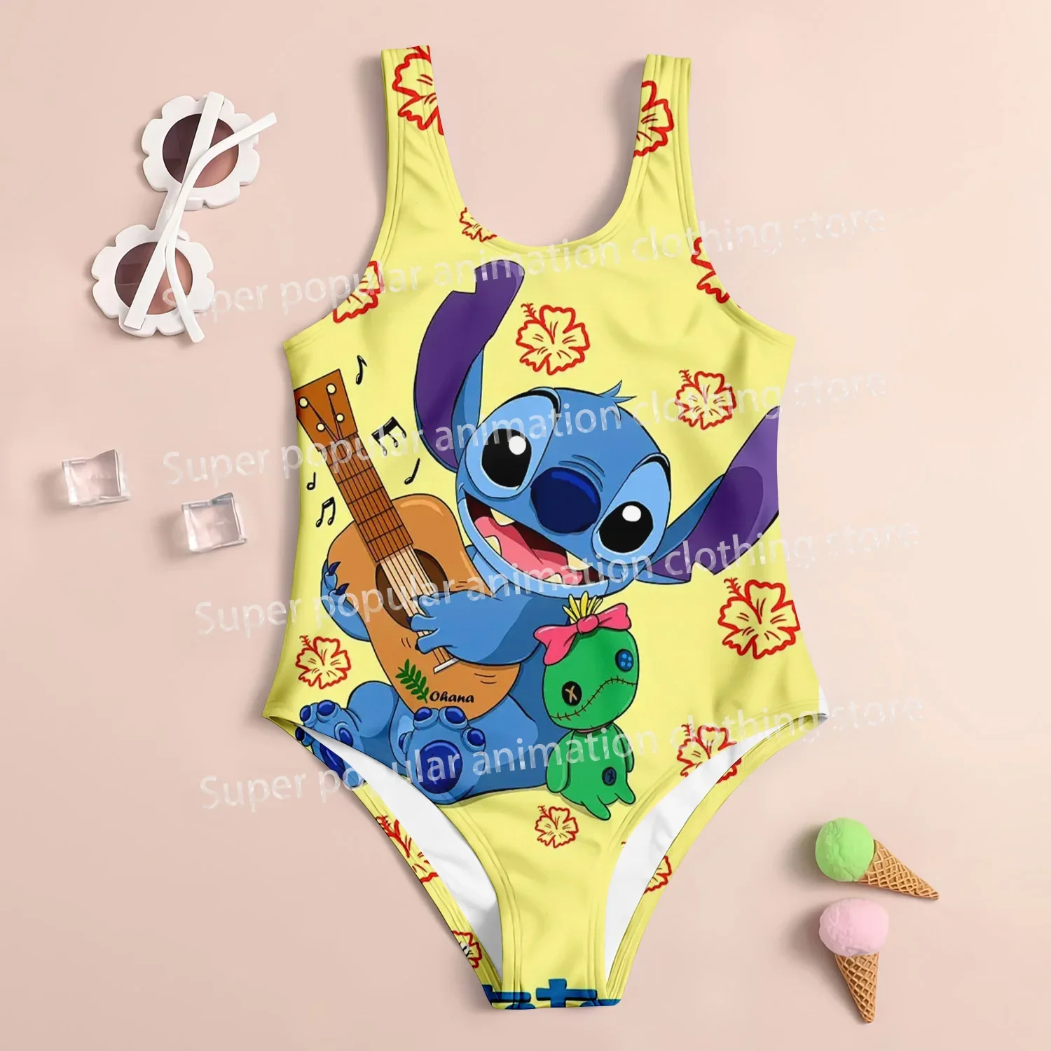 

2025 Disney Stitch 3D Print Kids Swimsuit Girls MINISO Polyester Quick Dry UV Protection Summer Beach Swimwear Set