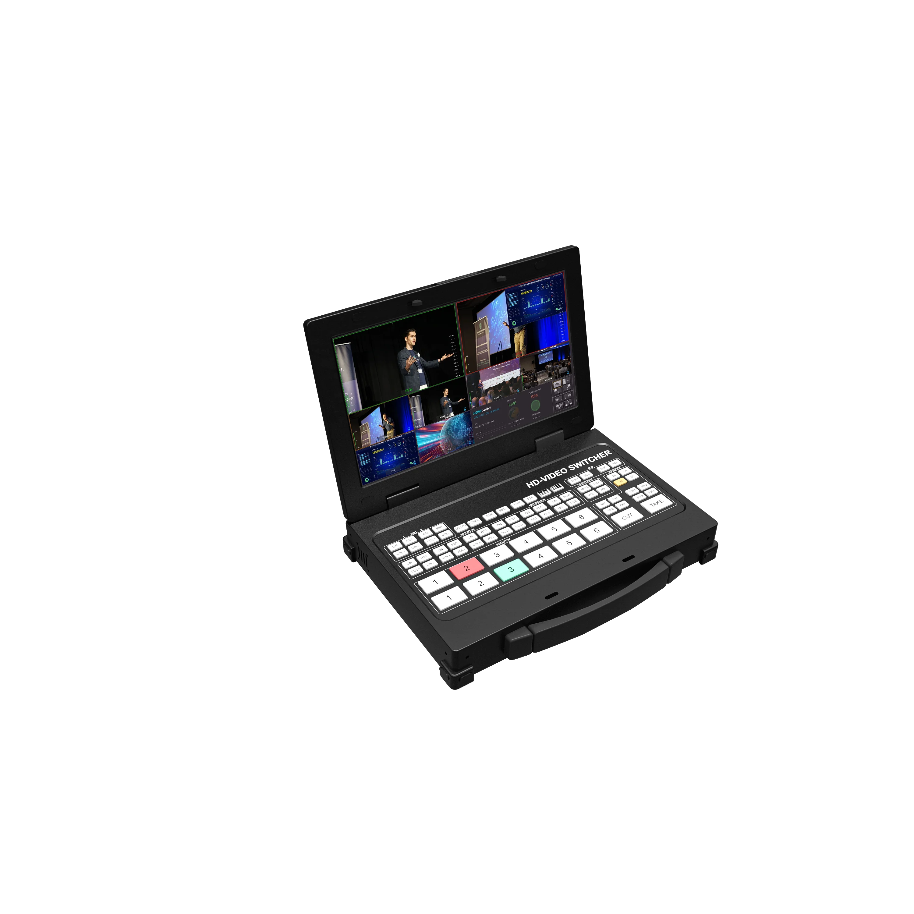 Multiview live streaming 4xH DMI inputs 6 channel audio video switcher mixer for church telemedicine concerts broadcast