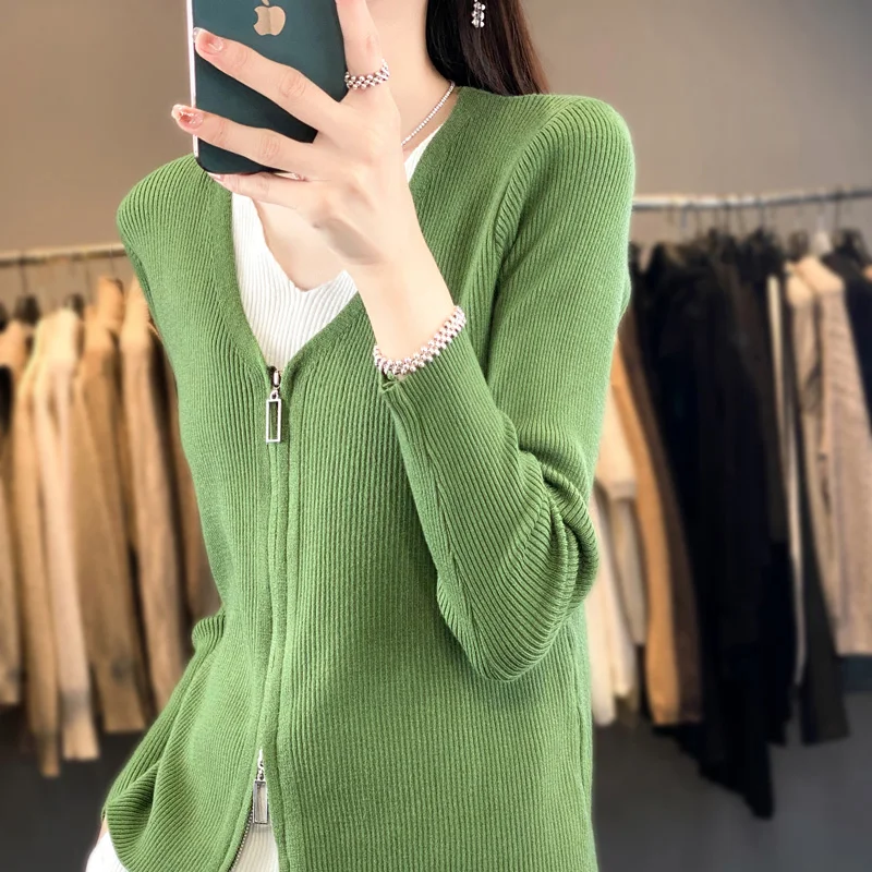 Women's cardigan new casual patchwork knit V-neck jacket zipper fit Tops Japanese and Korean style holiday two-piece Blouse