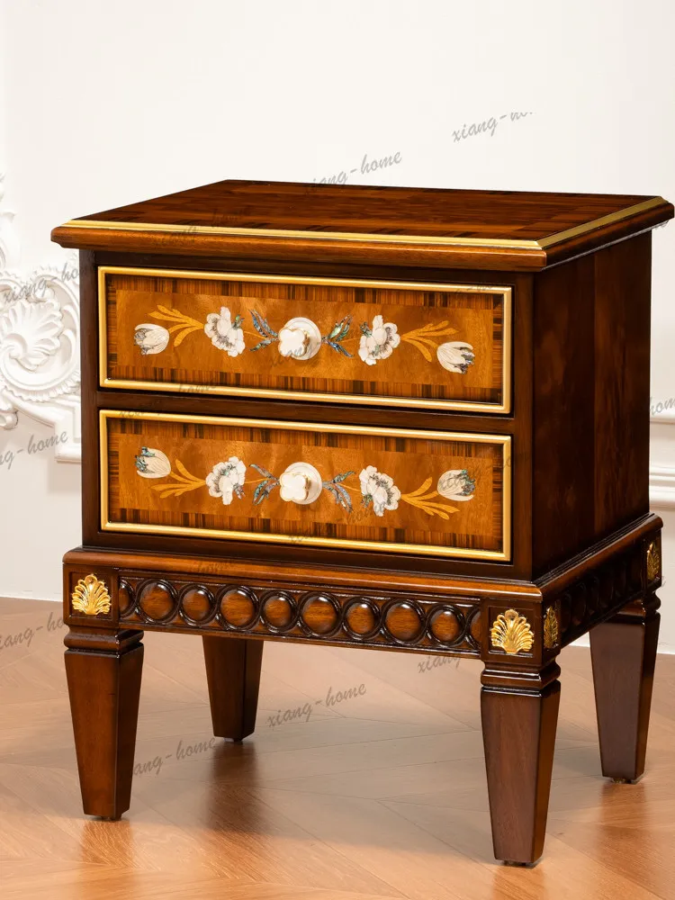 YJ American French retro shell inlaid chest mahogany double pumping bedside table