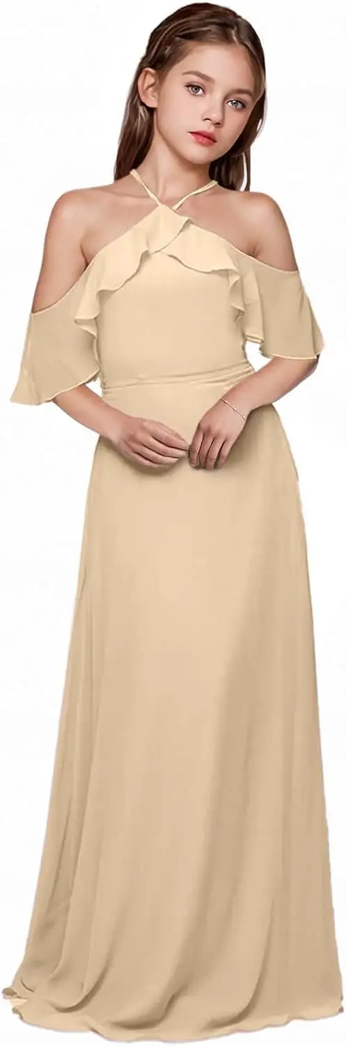 A라인 홀터 주니어 브라이드메이드 드레스 러플 오프숄더 쉬폰 플라워 걸 드레스 웨딩 프로모션 드레스