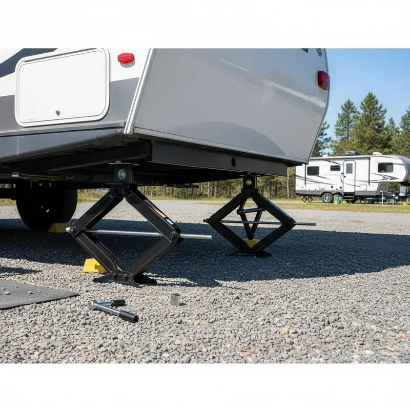 Heavy Duty Lifting Struts 4-23.4 in For Travel Trailer Camper Motorhome, Large Weight Capacity Crank Handle Leveling Tool Set 2 Pack Steel Construction High Stability Structural Support Included Socket Bubble Levels