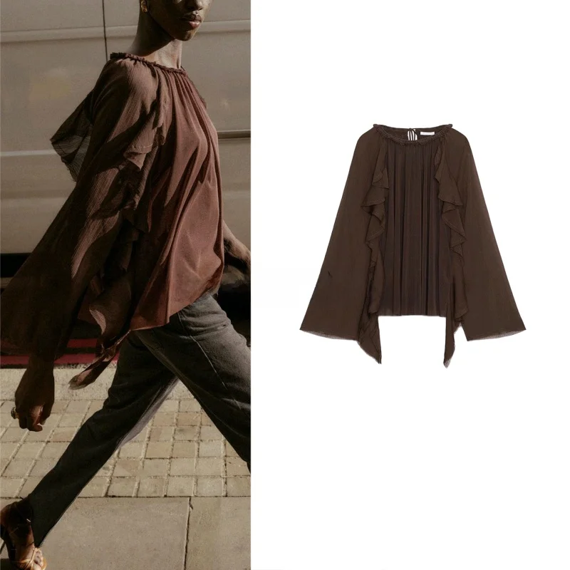 

Autumn New Arrival Women's irt Bow Tie Decorative Long Sve round Ne Drapey Layered irt Casual Loose Polyester