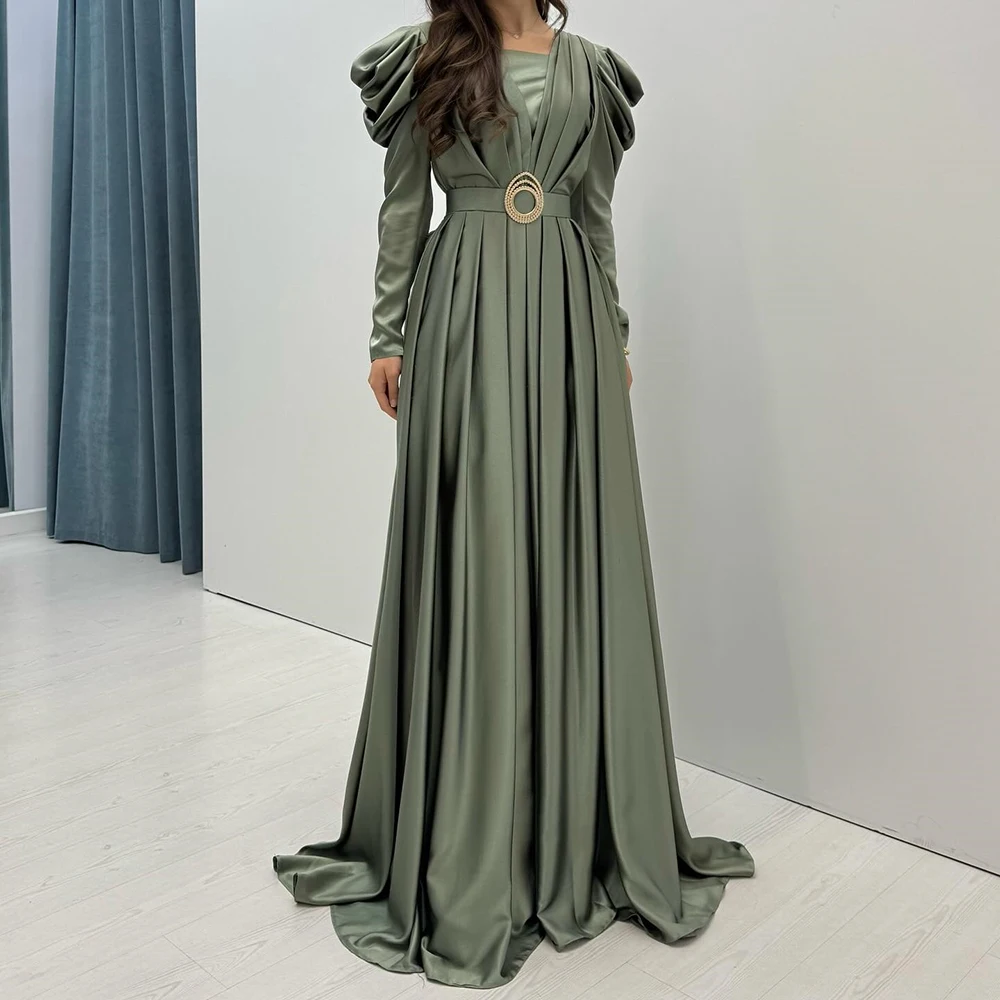 

Customized A-line Evening Dresses Floor-length Square Collar Full Sleeve Prom Gown Fashion Beading Sashes Pleat Party Gown