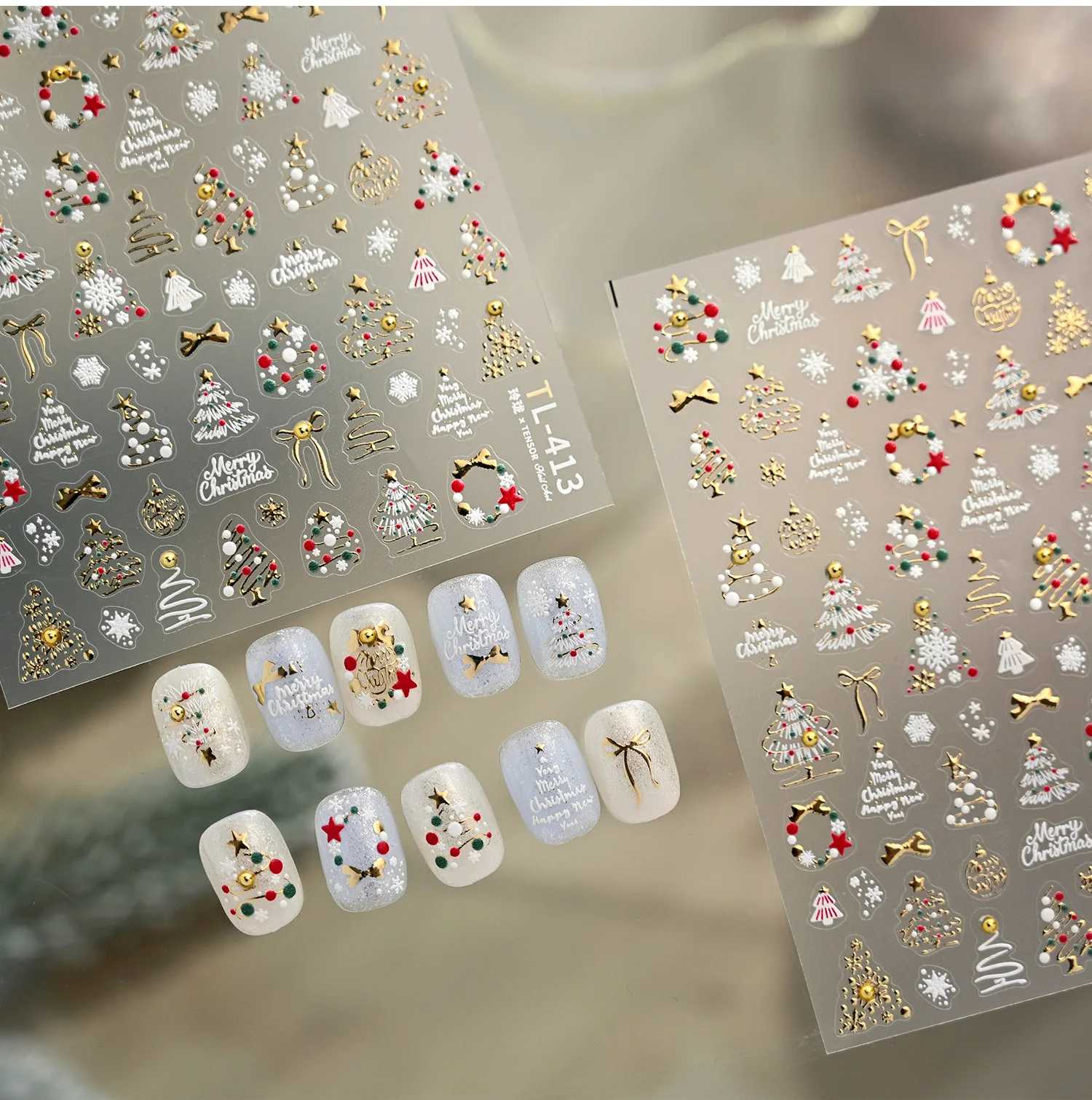 Simplicidad oro árbol de Navidad delicado Bowknot guirnaldas copos de nieve bola de Color muñeco de nieve Santa Claus invierno Nail Art pegatina calcomanía