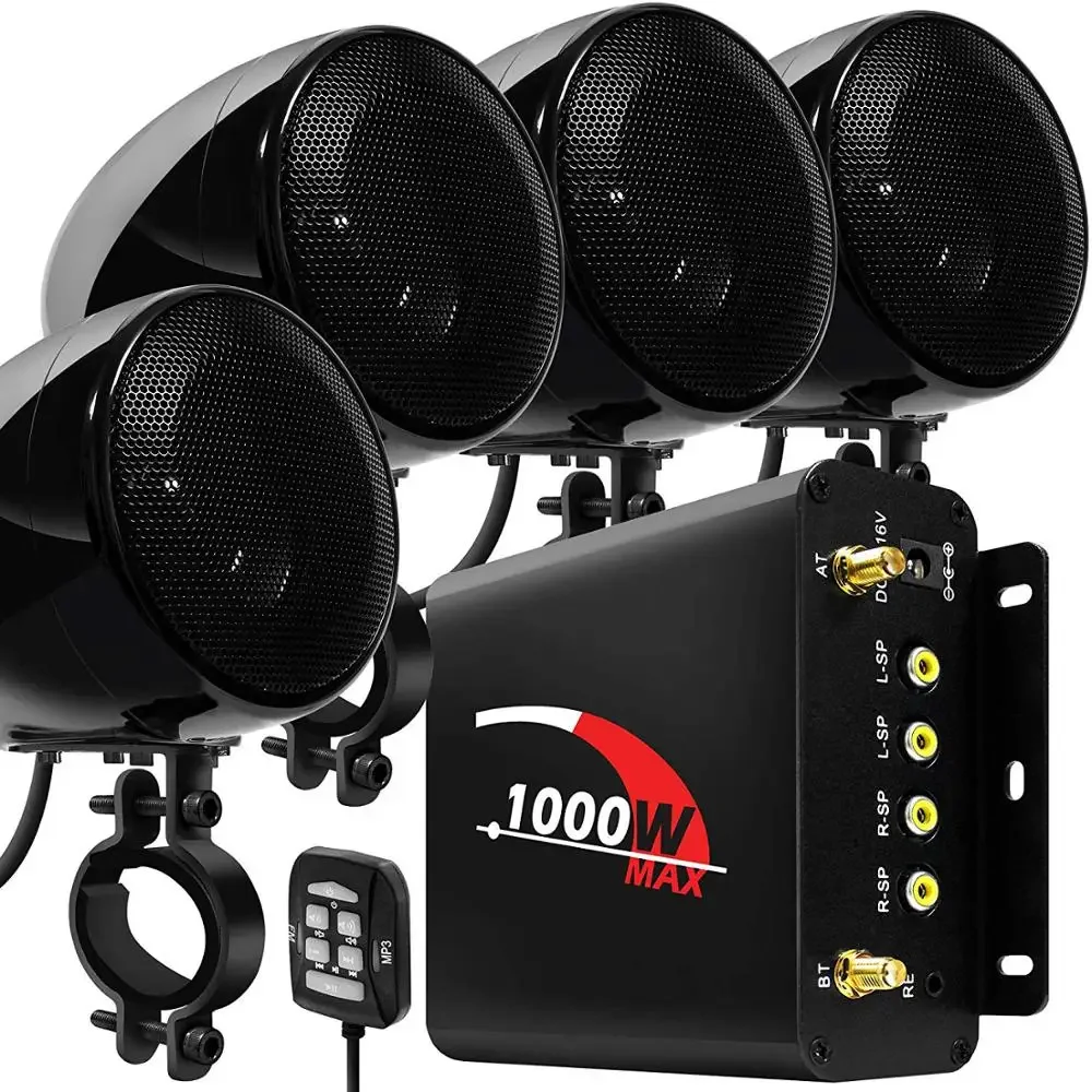 

Aileap 1000W Motorcycle Audio 4CH Amplifier Boat Speakers System, Support Bluetooth, USB, AUX, FM Radio, SD Card, Wired Control