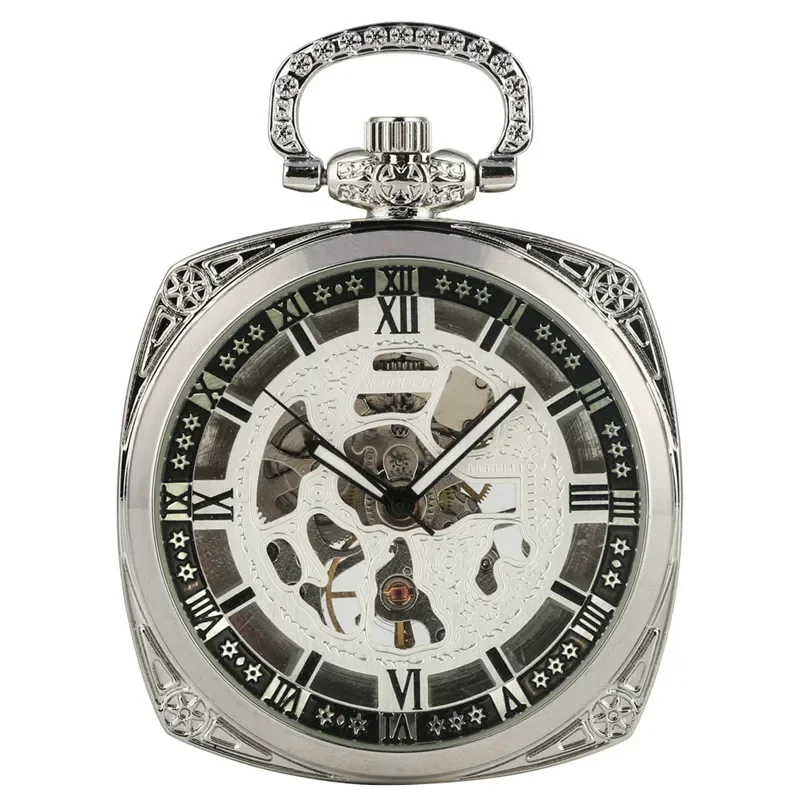 Silver Square Case Men Women Hand-Wind Mechanical Pocket Watch Roman Numeral Luminous Hands Pendant Chain Skeleton Clock