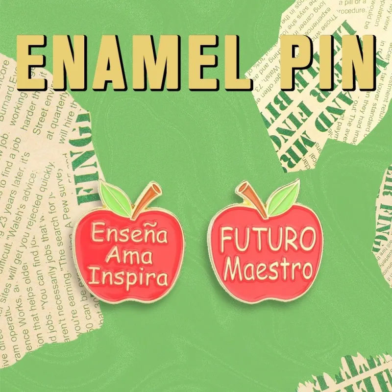 Spanish Slogan Apple Enamel Pin Teacher Theme Lapel Brooch Badge Red Apple Backpack Clothes Decor Jewelry Gift for Educators