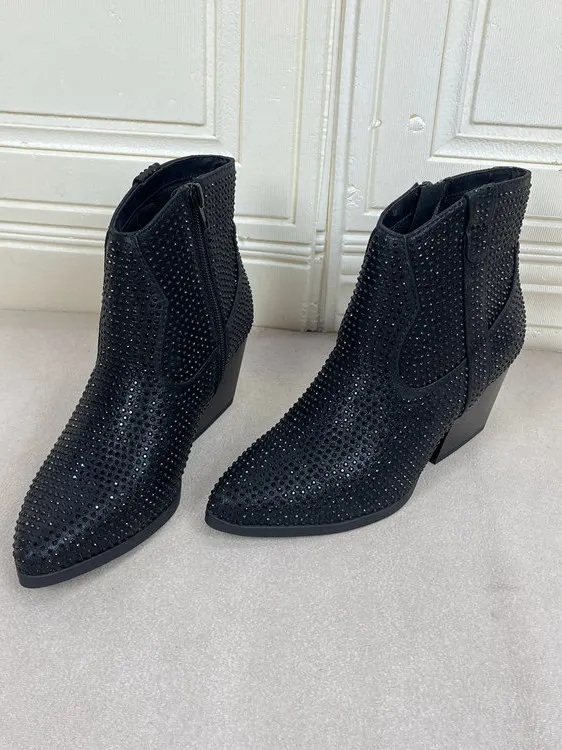 

Модные женские ботильоны на массивном каблуке с острым носком, украшенные стразами, элегантные, универсальные, для повседневной носки, из искусственной кожи
