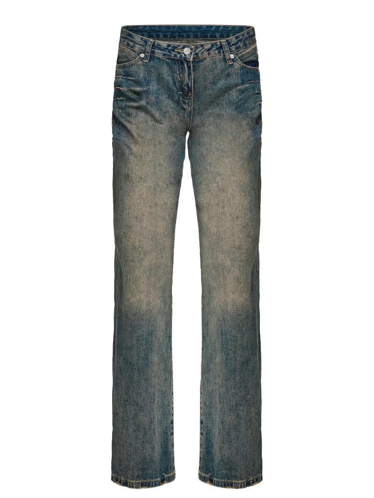 Jeans Lage Taille Rits Conventioneel Donkerblauw Katoen Retro Distressed Straight Lange Mode Casual Losse Vier Seizoenen Universeel