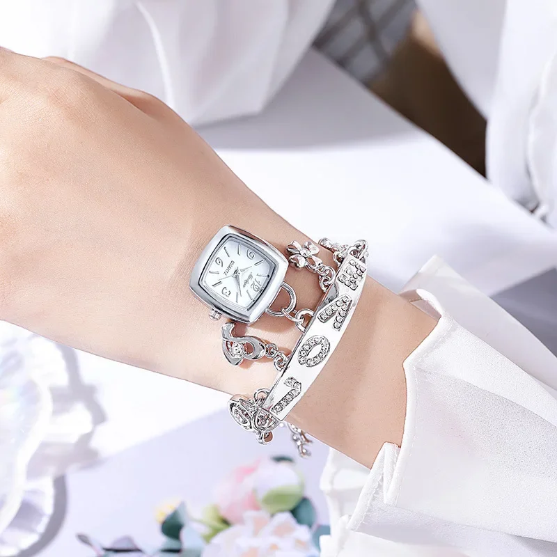 ساعات نسائية فضية عتيقة مع حروف حجر الراين مطعمة سلسلة سوار زهرة قلادة ساعة معصم هدية للسيدات