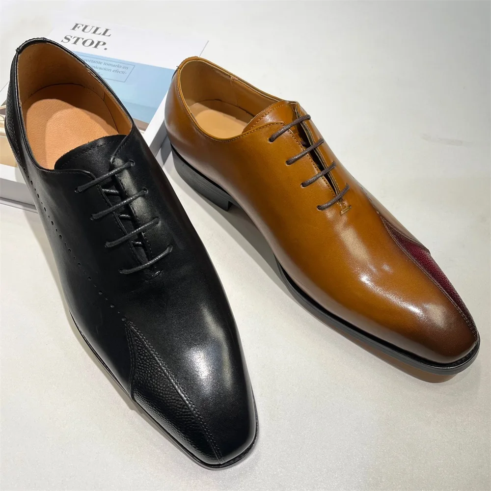 High Quality Men's Formal Shoes Genuine Leather Luxury Party Wedding Men's Shoes Lace-up Pointed Toe Brown Oxford Business Shoes