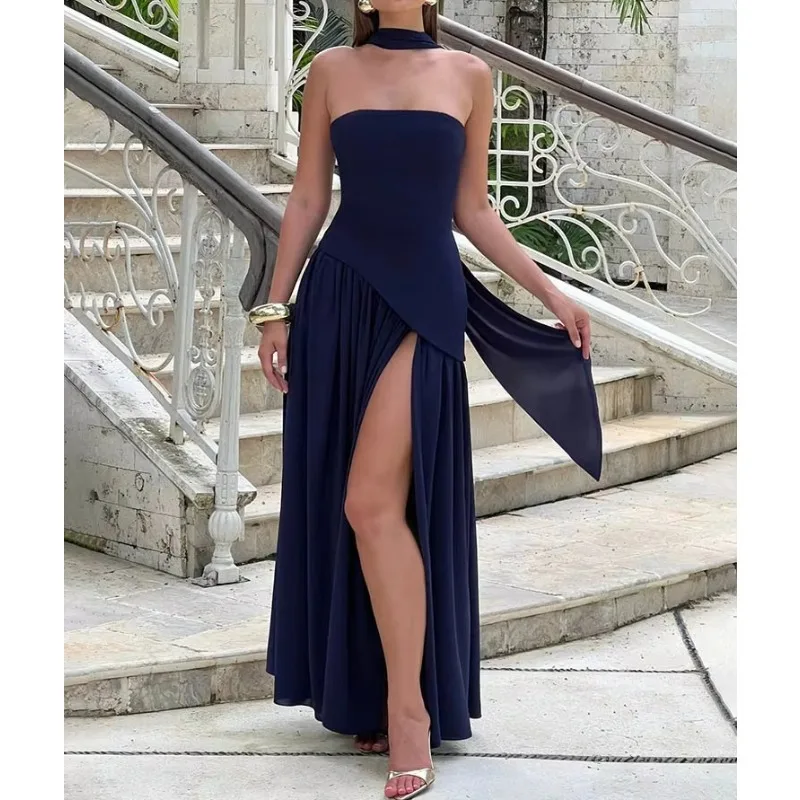 Elegant Off-shoulder Sexy Maxi Dress Women Gown Scarf Collar Strapless Sleeveless Backless High Split Long Dress Female