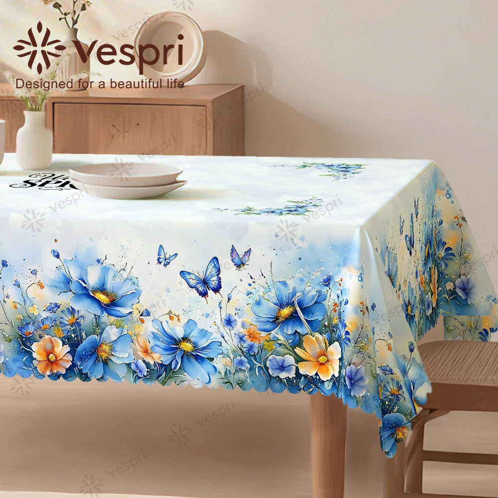 Vespri Blumen-Oster-Tischdecke Weiß-Blau mit Schmetterlingen Rund Rechteckig Oval Polyester für Party Festival