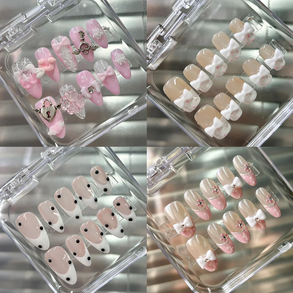 

10Pcs French Cute Polka Point Music Note Handmade Nails Party Sticker White Lace Bowknot Flowers Press On Nails Birthday Gifts