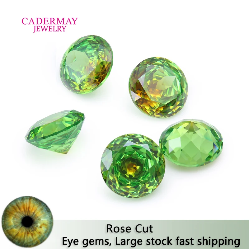 Eye Gems Two Tones Round Shape Vivid Green Cubic Zirconia Stone 8mm 10mm Rose Cut Loose CZ Synthetic Gems Beads For Jewelry