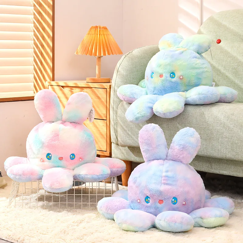 Cute Reversible Rabbit Plush Toys Double Sided Octopus Bunny Soft Doll Huggable Pillow Christmas Gifts for Kids GIrls Room Decor