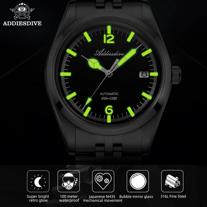 ADDIESDIVE Men Fashion Watch Jubilee Strap Luminous 10Bar Waterproof Reloj Hombre NH35 Movement Automatic Mechanical Watches