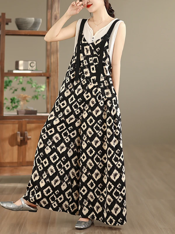 Retro Lazy Style Wide Leg Pants with Straps Chiffon Wave Pattern Slimming Super Comfortable Skin-friendly Women's Casual Trou...