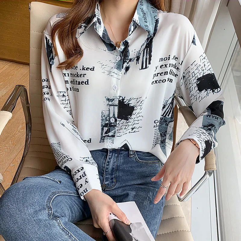 

Korean Style Comfort Casual Long Sleeve Letter Printing Blouse Shirt For Women Office Top Clothing Baju