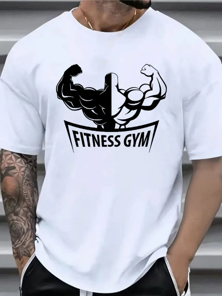 Gym Fitness pattern design- summer O-neck short sleeve casual printed men's T-shirt.