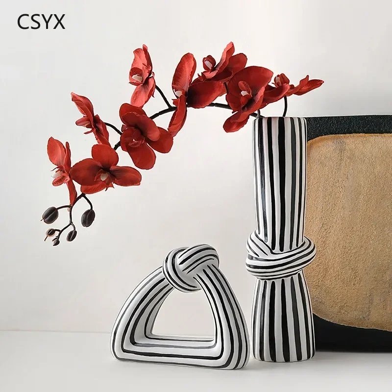 Creative Retro Black and White Striped Ceramic Vase High-end Flower Arrangement Living Room Model Room Decoration Ornament