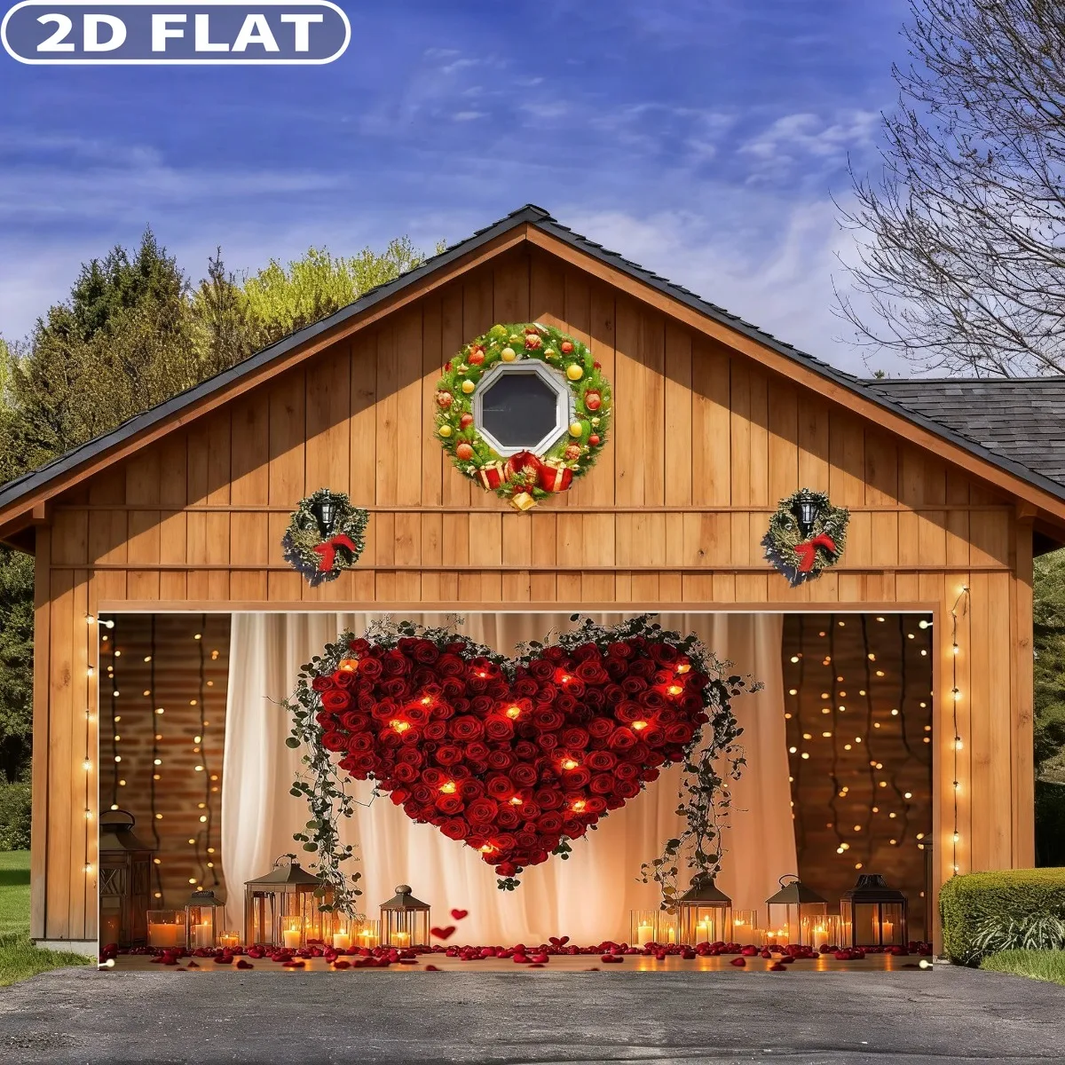 1pc Valentines' Day Garage Door Cover with grommets, 6x13 FT /180x400cm Red Rose Sweet Heart Romantic Love Decor Background