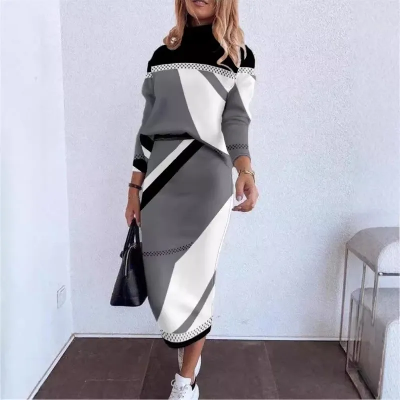 

Geometric Printing Long Sleeve Tshirt Tops Women 2 Piece Sets Outfits Skirt Clothes Turtleneck Fashion Casual Tops Pencil Skirts