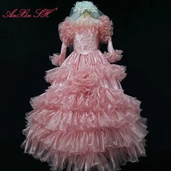 AnXin SH vintage pink ruffles lace princess v neck beading pearls flower long sleeve zipper Antique customized wedding dress