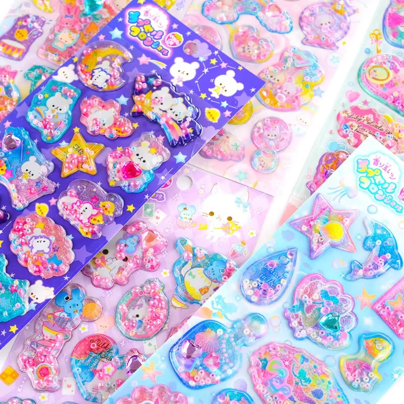 3 pcs/6 pcs Cute Fragrant Glitter Shaking Sticker 3D Cartoon Scrapbooking Diy Journaling Stationery Diary Sticker School Gift