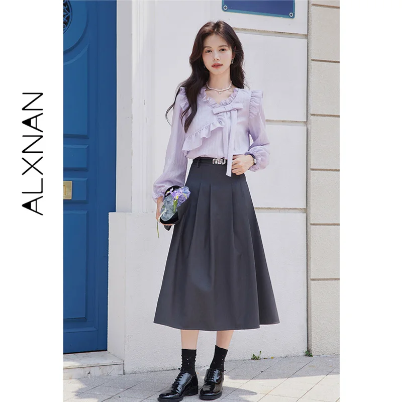 ALXNAN Purple Women's Shirt Autumn Long Sleeve Lantern Sleeves V-neck Ruffles On Shoulder 3D Bow On Chest Ladies Tops VPLXN31103
