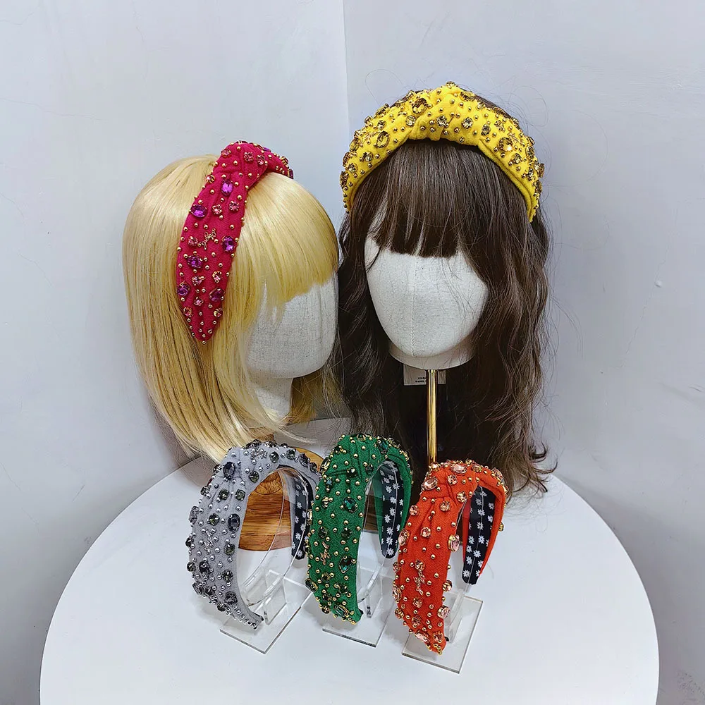 New fashion style knotted fabric beaded diamond headband flannel light luxury versatile beautiful hair accessories women 2
