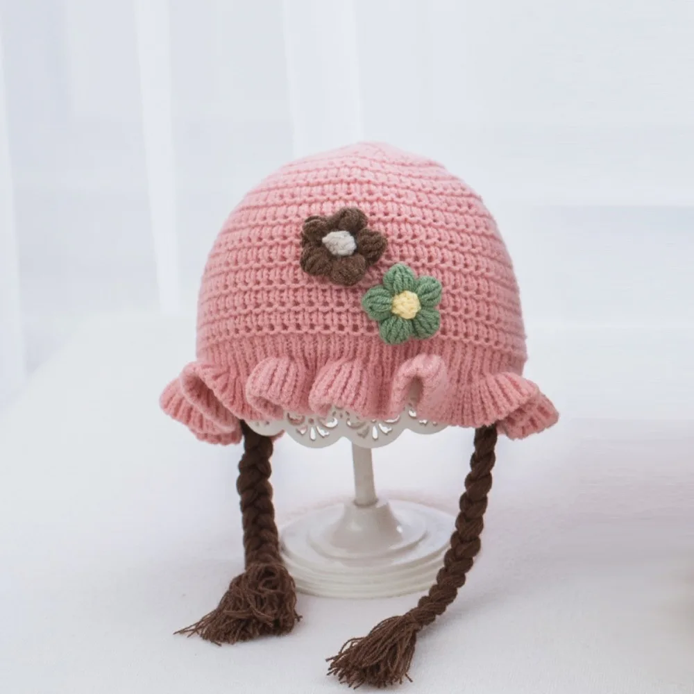 

Warm Flower Kid's Beanie Knitted Wool Knitted Cap Braids Thickened Wool Cap Baby Girl