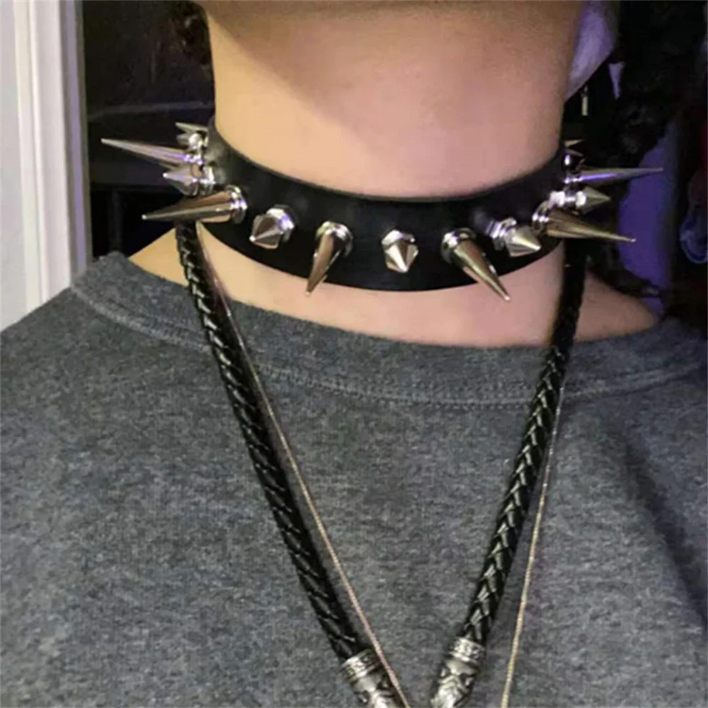 

Punk Long Spike Choker Faux Leather Collar for Women Men Cool Big Rivets Studded Chocker Goth Style Necklace Accessories 2024