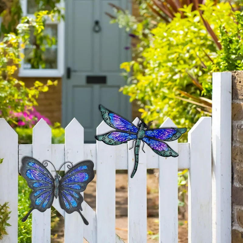 HONGLAND-Metal Butterfly Dragonfly Garden Decoration, Sculpture Statue for Wall Art, Ornaments of Patio Yard, 2 PCs