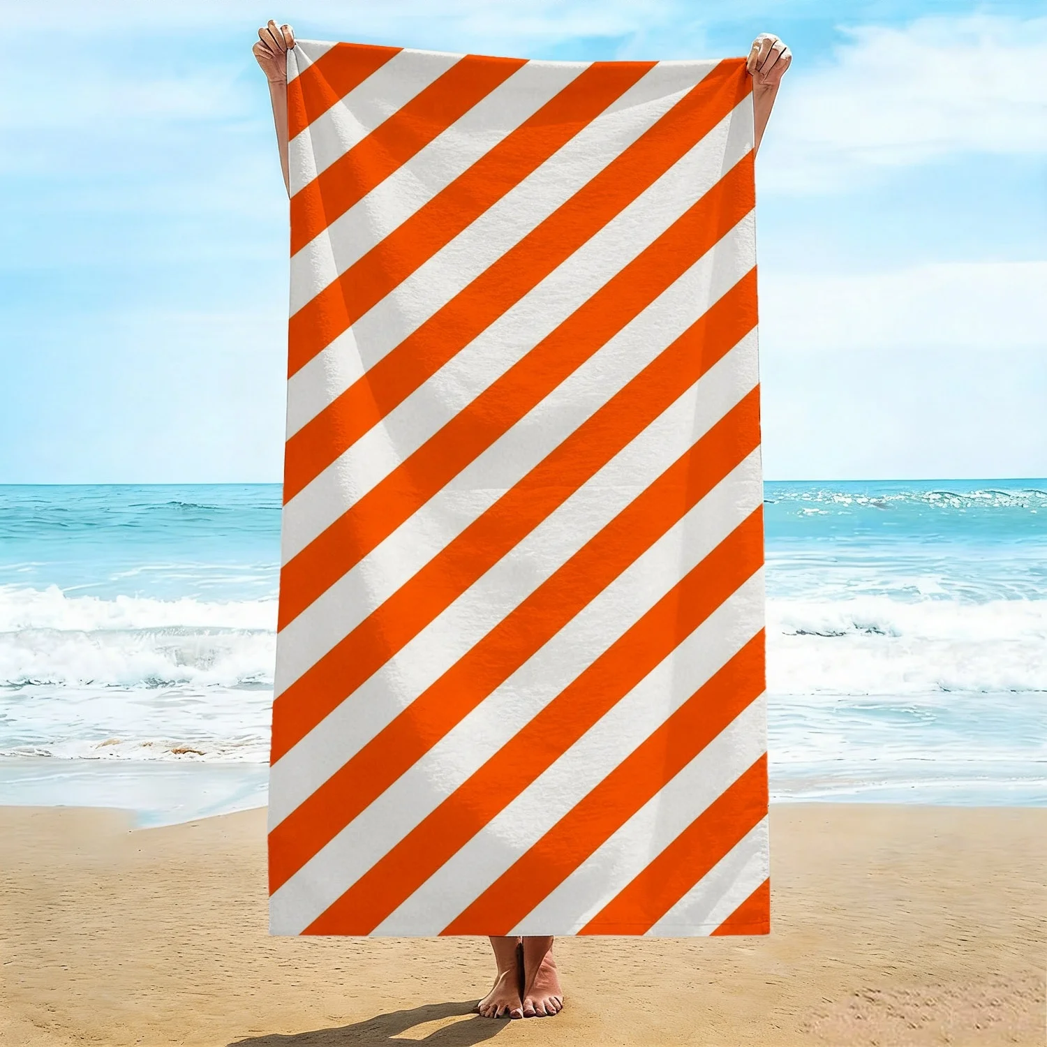 Orange White Diagonal Stripe Beach Towel Classic Cabana Stripe Pattern Oversized Bath Towel Soft Quick Dry Beach Blanket