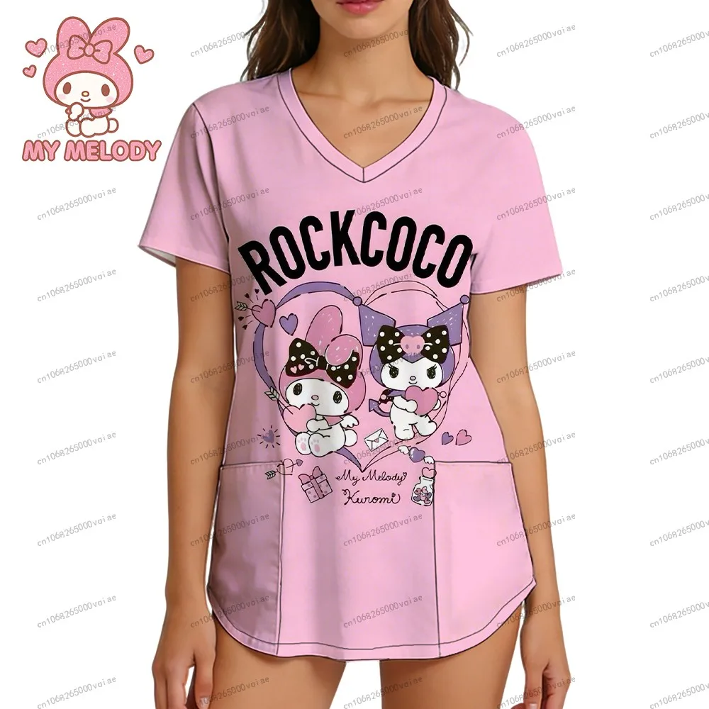 

V Neck T-shirt My Melody Nurse Uniform Women's T-shirt Shirts Sanrio Leisure S-2XL Trend Summer Pocket Kawaii Woman Clothes Top