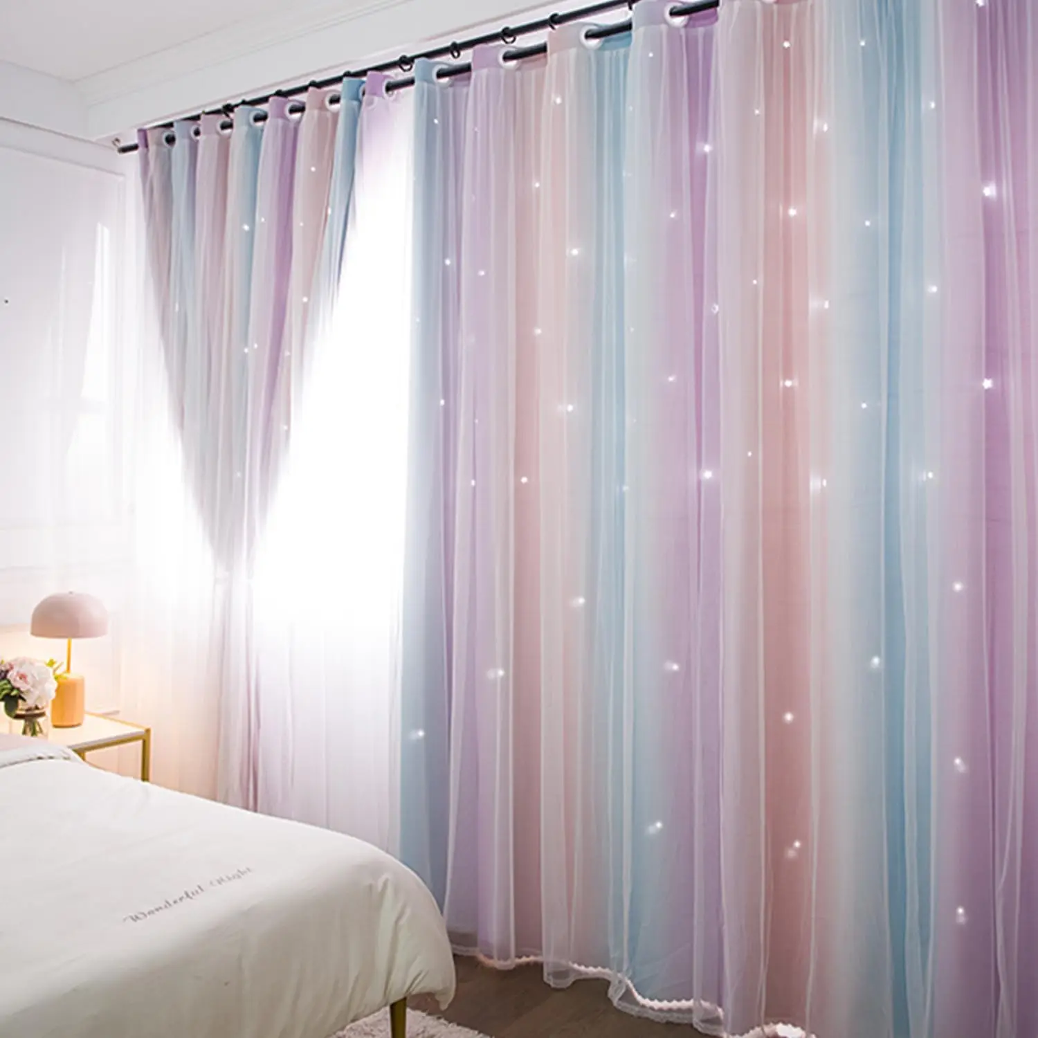 Kids Colorful Rainbow Curtains For Bedroom Hollow Out Twinkle Star Curtains For Girls Antique Grommet Top Window Decor