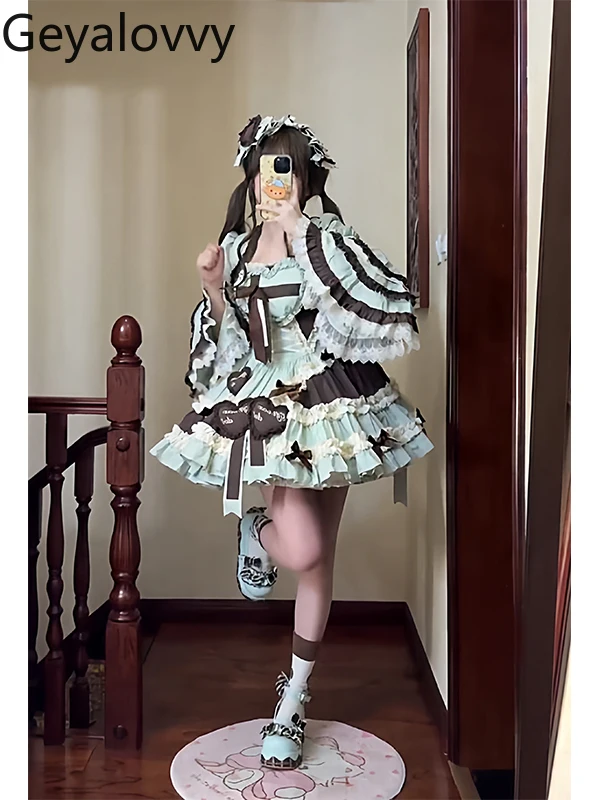 Zoete en schattige Lolita mouwloze Jsk-jurk met hoge taille en vest met lange mouwen Japanse stijl Prachtige elegante prinsessenjurk