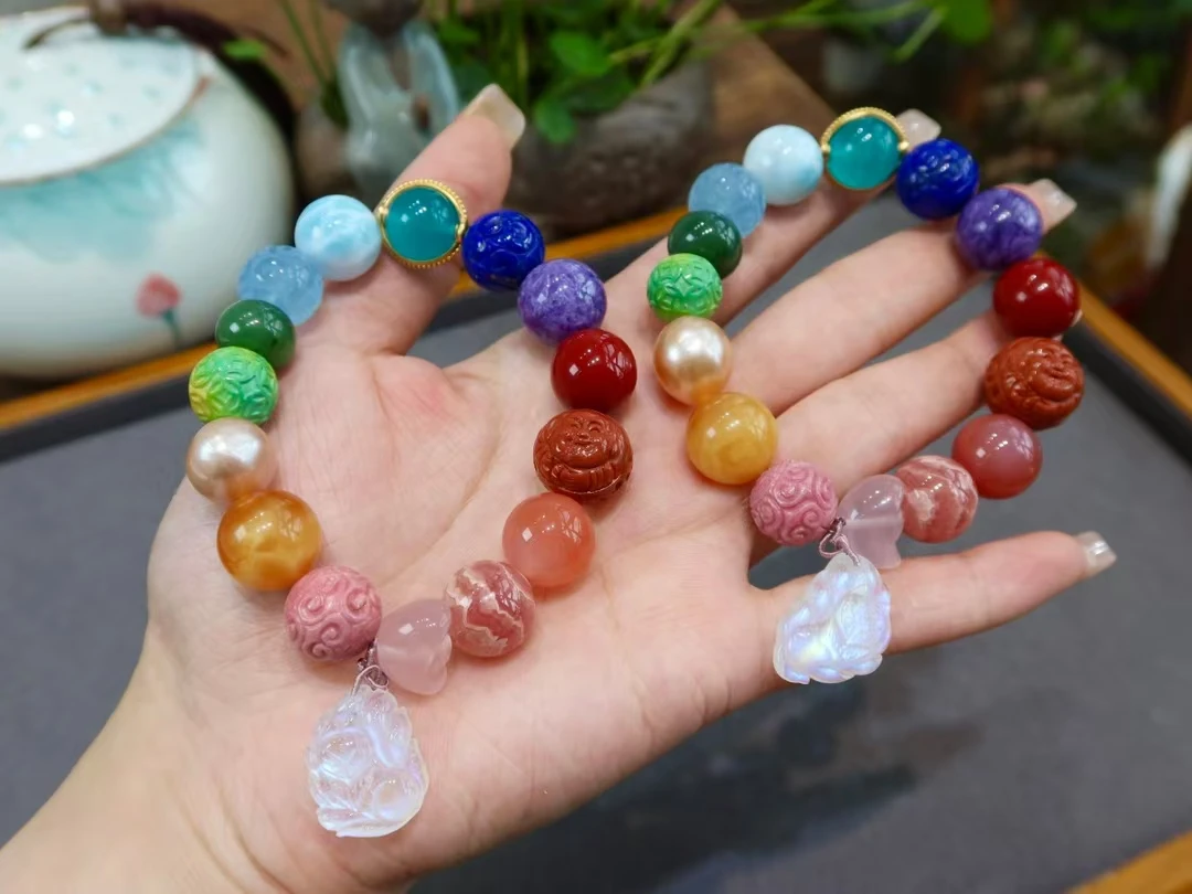 Natural Rainbow Mixed Stone Jade Kyanite Amber Charoite Bracelet Jewelry Moonstone Pendant 15-13mm AAAAAA