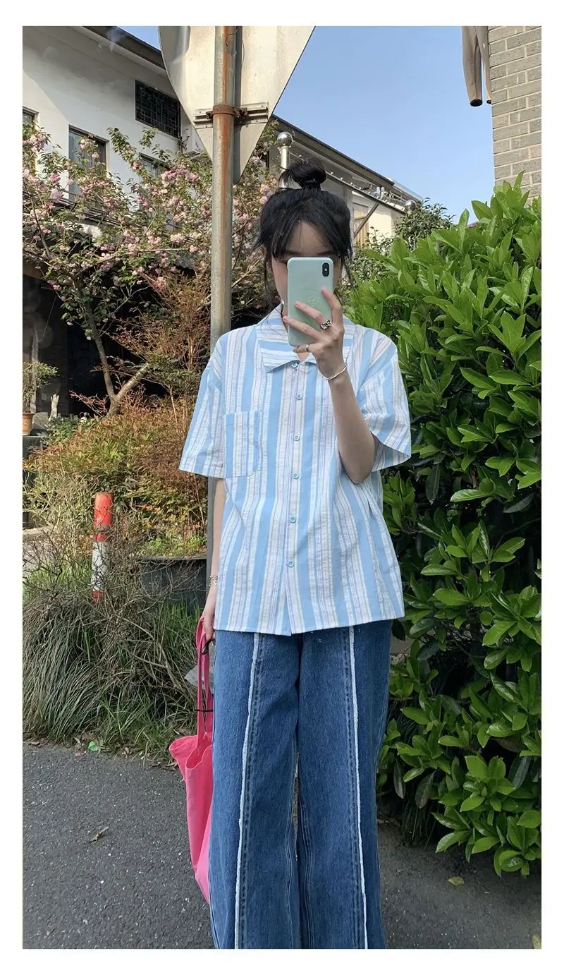 Shirts Striped Pockets Women Summer Baggy Streetwear Leisure Simple Retro Ulzzang All-Match Cozy Short Sleeve Chic Ins Trendy