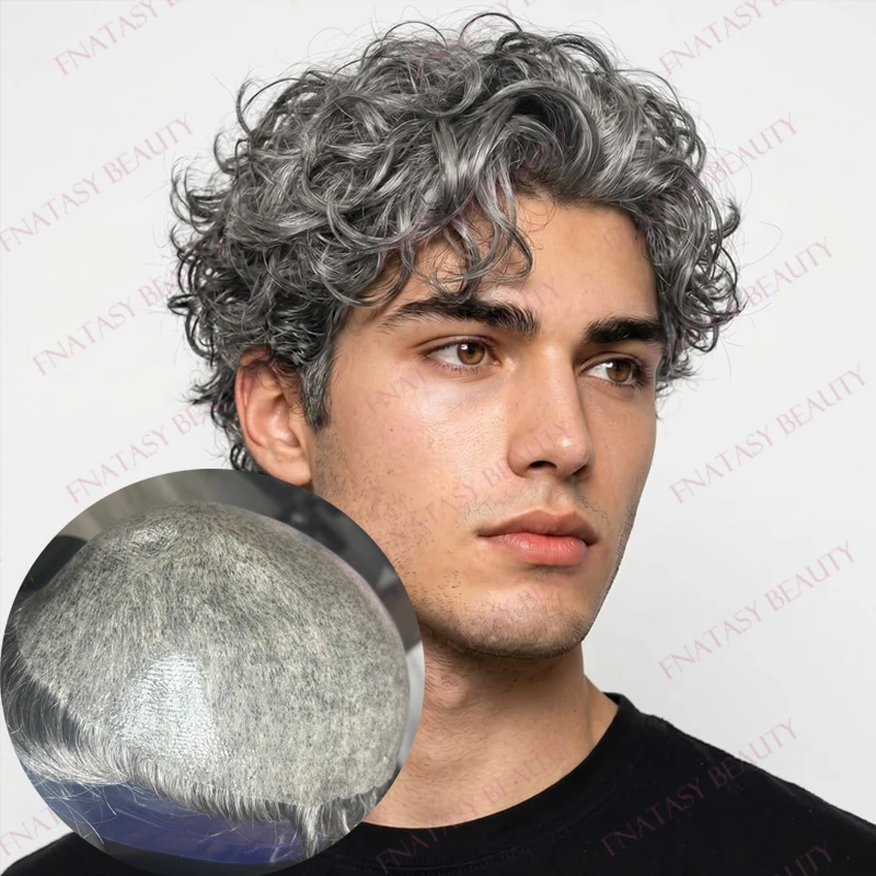

Gery 1B65 1B80 Human Hair Old Men Hair System Prosthesis Capillary 20mm Curly Super Durable Natural Hairline 0.12mm PU Base Wigs