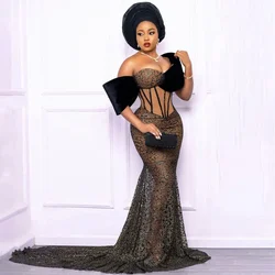 Aso Ebi African Evening Dresses Black Lace Mermaid Prom Gowns Off Shoulder Corset Chic Wedding Women Dress robes de soirée