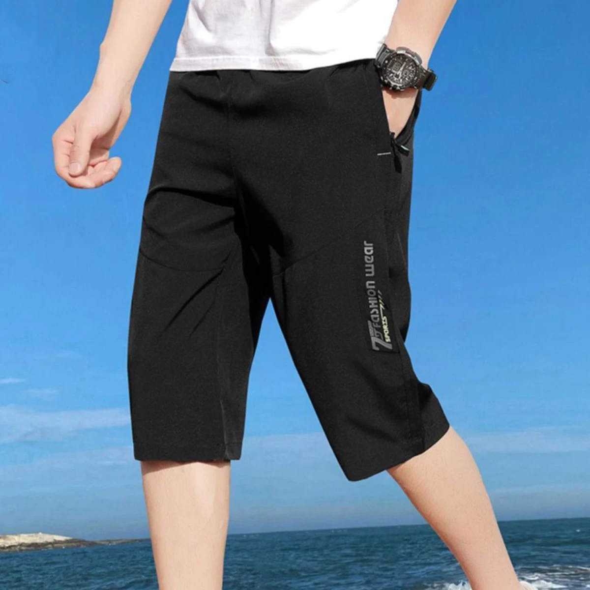 Men\'s Seven-minute Trousers Summer Sports Casual Shorts Pants Thin Section Straight Loose Seaside Beach Holiday