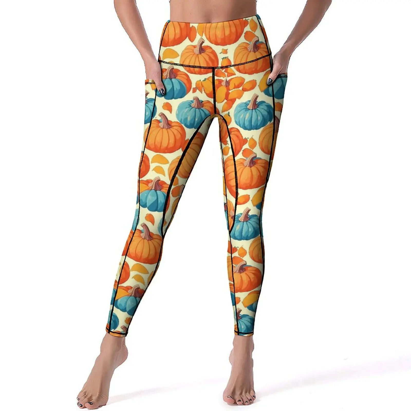 Intricate Pumpkins Leggings Sexy Blue And Orange High Waist Yoga Pants Vintage Stretch Leggins Women Graphic Gym Sports Tights